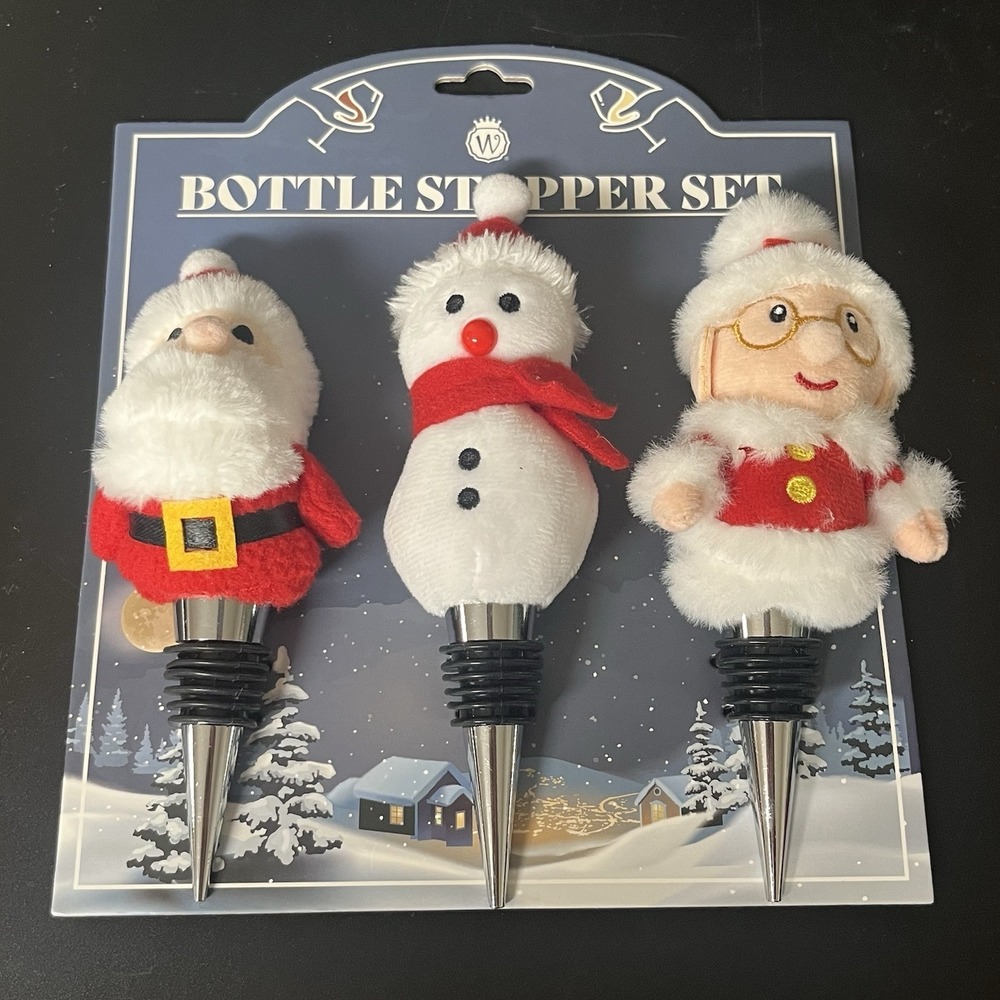 NIB Set Of 3 Wine Bottle Stoppers Christmas Santa, Mrs. Clause & Snowman Gift